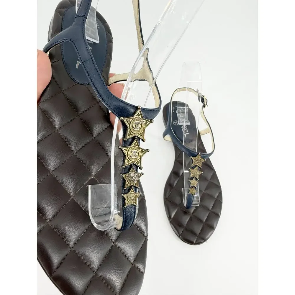 Chanel Paris Dallas Quilted Leather CC Star T Strap Flat Sandals Black Shoes 37